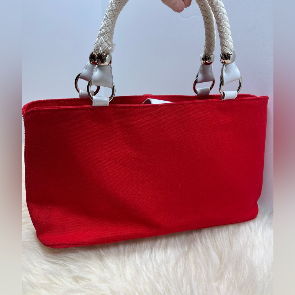 Nautical Studded Rope Handle Retro Handbag Red White Blue w Clear Poly Windows - Picture 4 of 14